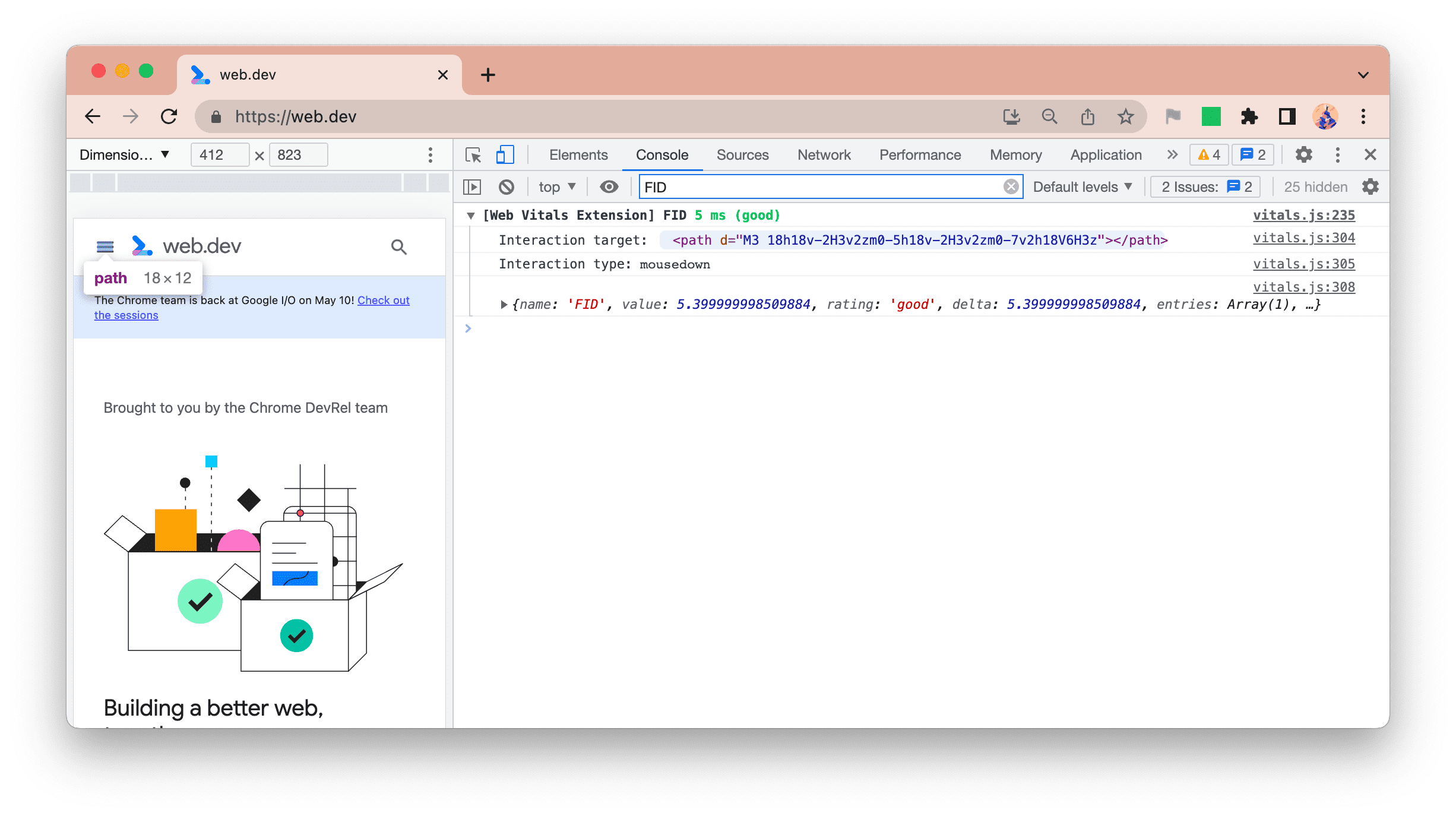 Protokollierung der neuen Konsole der Web Vitals-Erweiterung mit FID-Ziel und -Typ