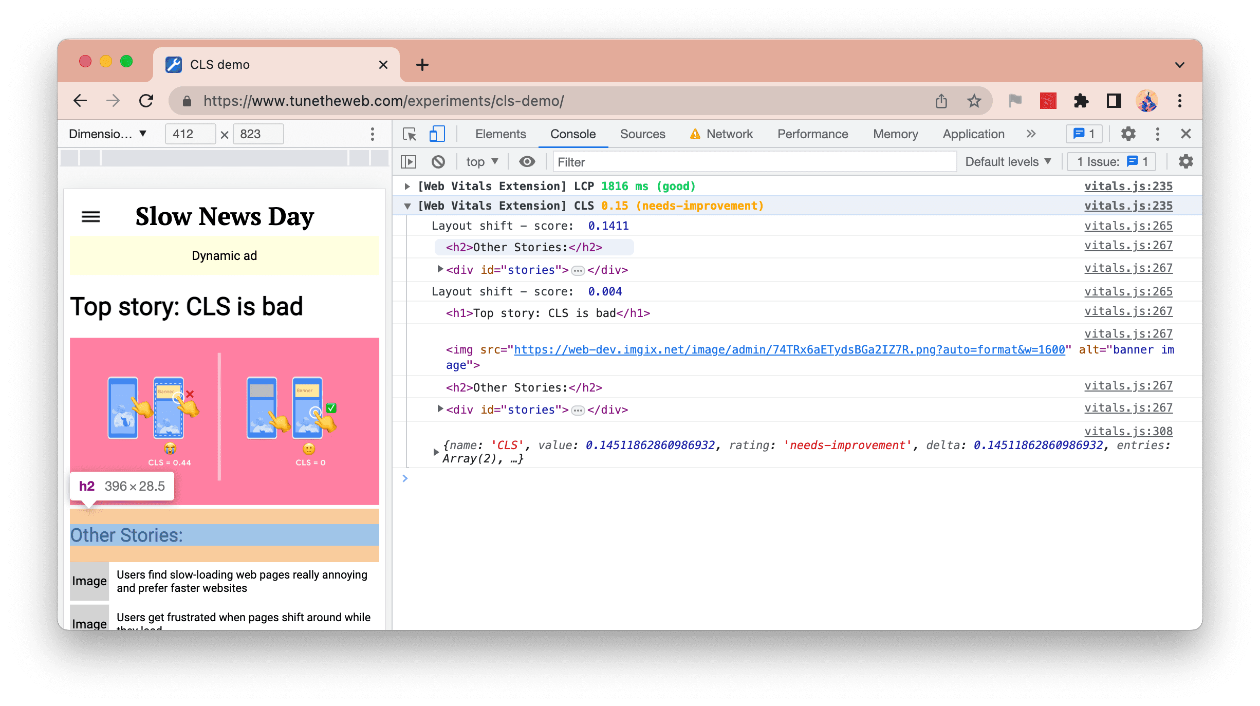 Protokollierung der neuen Konsole der Web Vitals-Erweiterung mit jeder CLS-Elementverschiebung