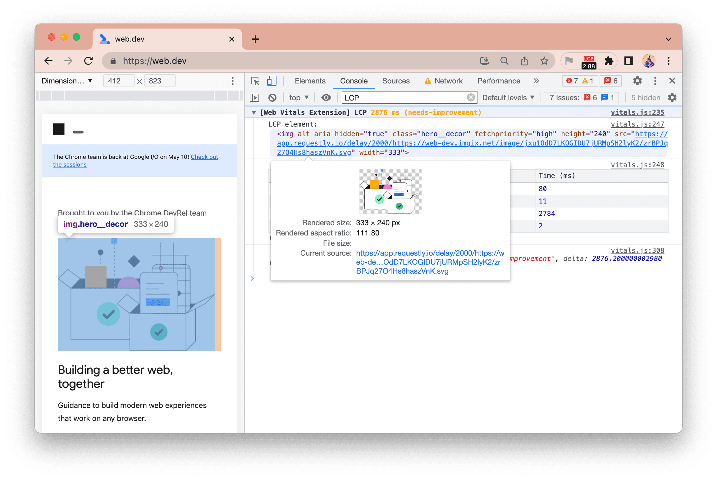 הרישום ביומן החדש של המסוף של תוסף Web Vitals שומר על הדגשה של הרכיבים כשמעבירים את העכבר מעליהם