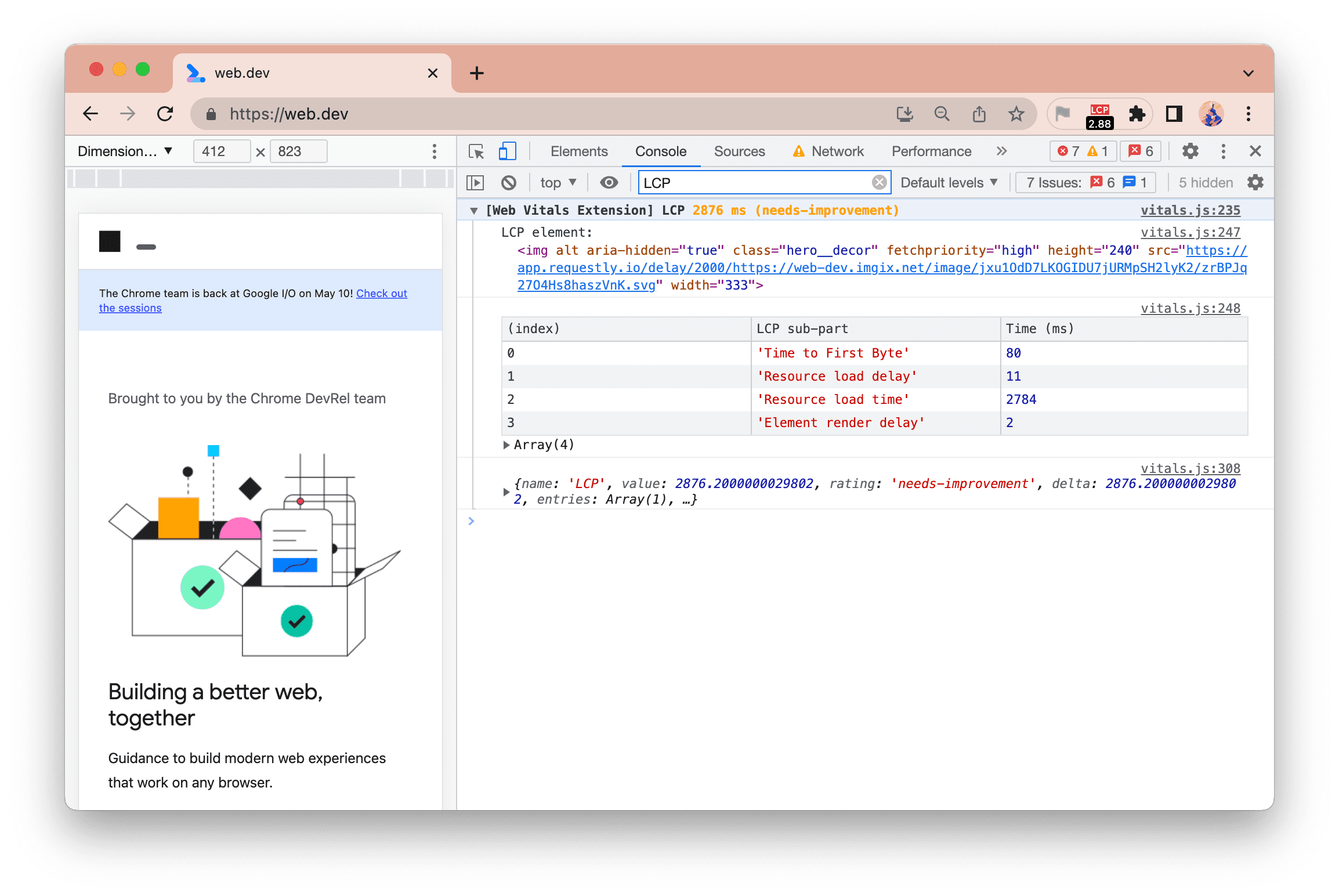 Web Vitals Extension new console logging showing LCP elements and sub-parts